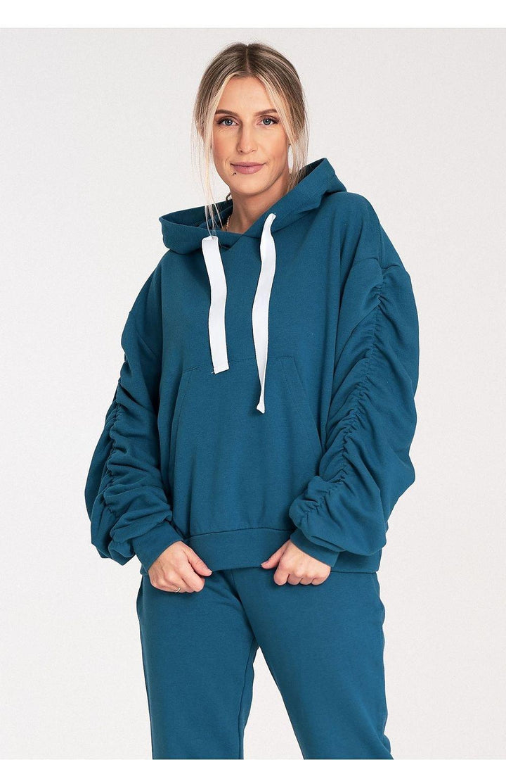 Thick Cotton Hoodie with Ribbing and Pleated Decorative Sleeves - Ludowika 