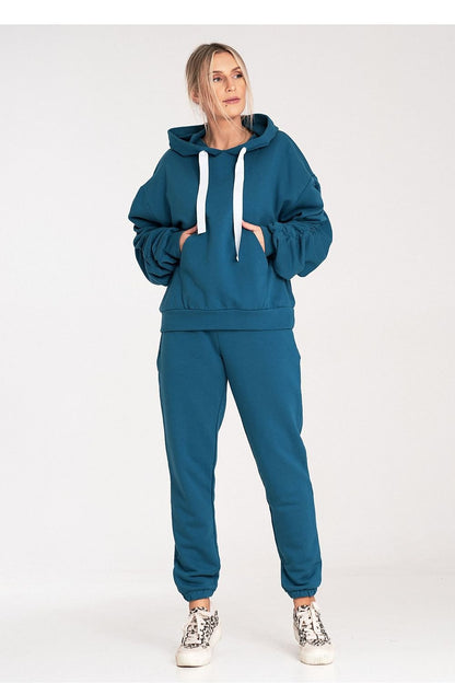 Thick Cotton Hoodie with Ribbing and Pleated Decorative Sleeves