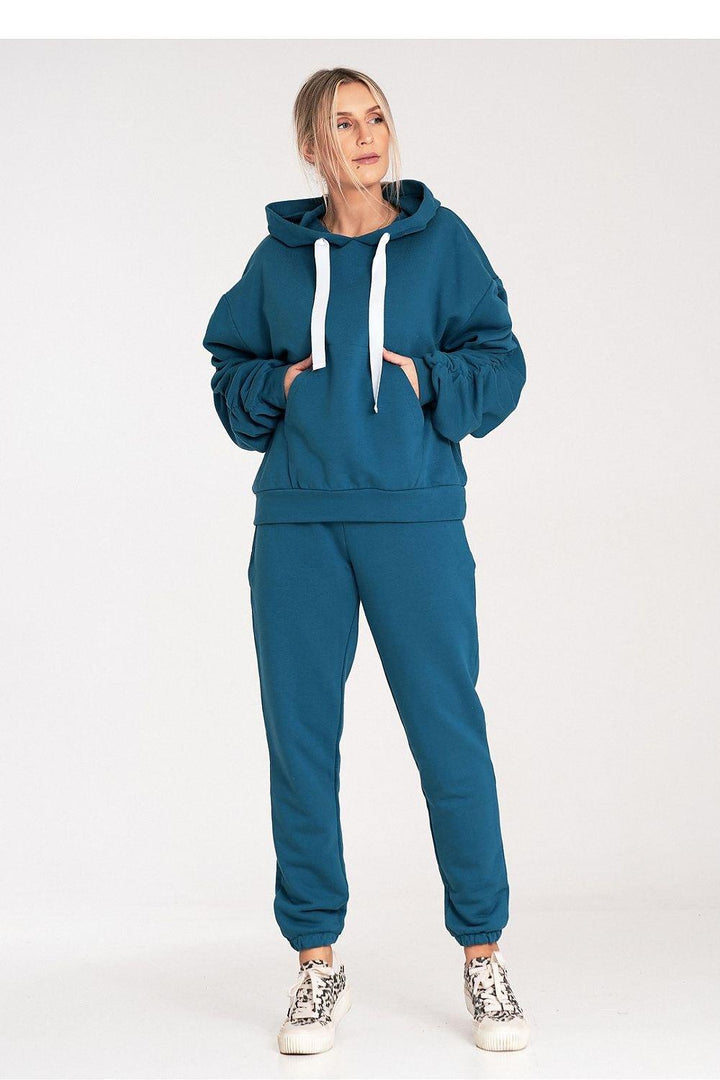 Thick Cotton Hoodie with Ribbing and Pleated Decorative Sleeves - Ludowika 