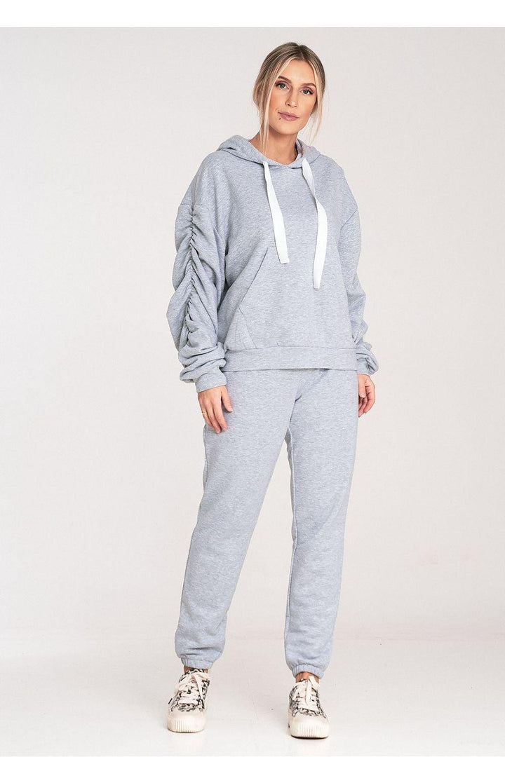 Thick Cotton Hoodie with Ribbing and Pleated Decorative Sleeves - Ludowika 