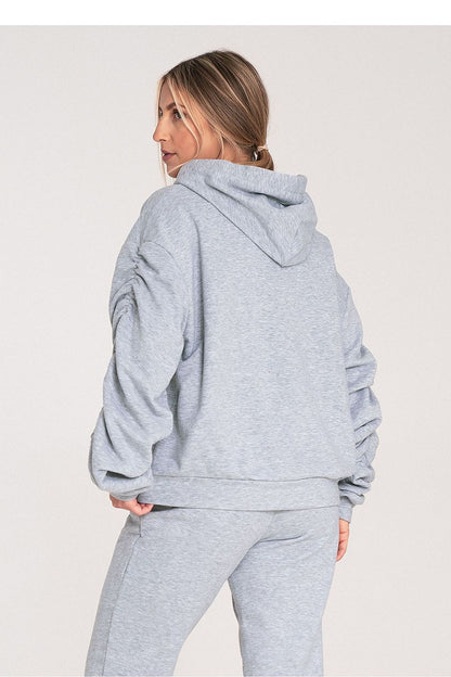 Thick Cotton Hoodie with Ribbing and Pleated Decorative Sleeves