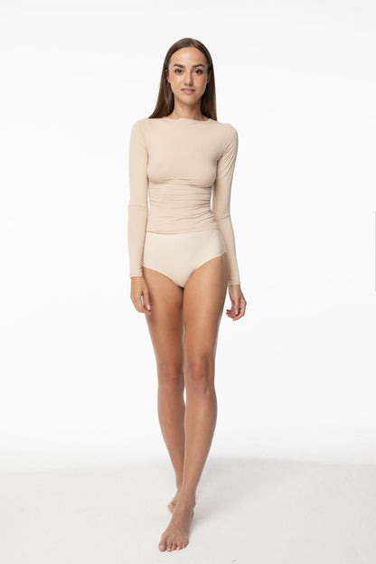 Smooth and Stretchy Beige Long Sleeve Bodysuit for Versatile Styling