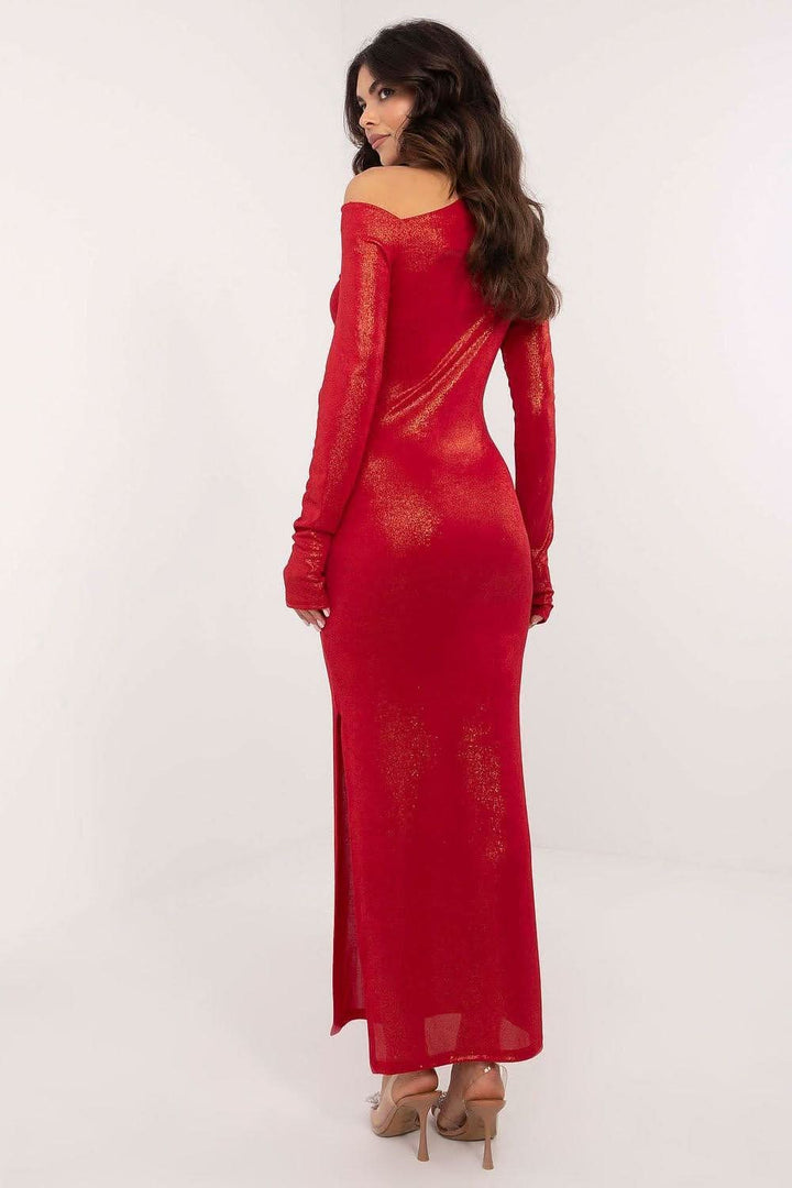 Elegant Asymmetrical Evening Dress with Pencil Cut and Thumbhole Sleeves - Ludowika 