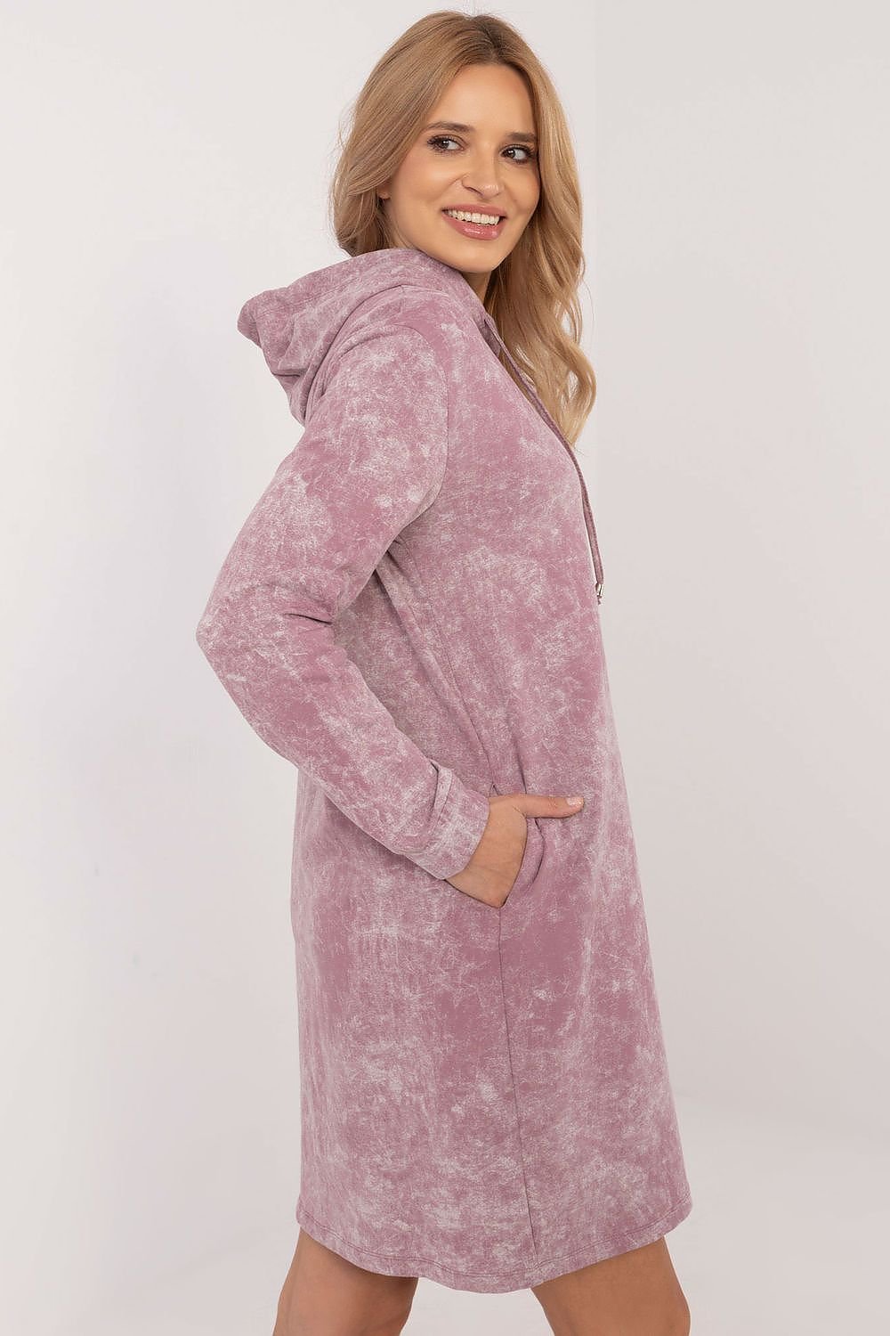 Stylish Sweatshirt Dress with Marble Print and Adjustable Hood