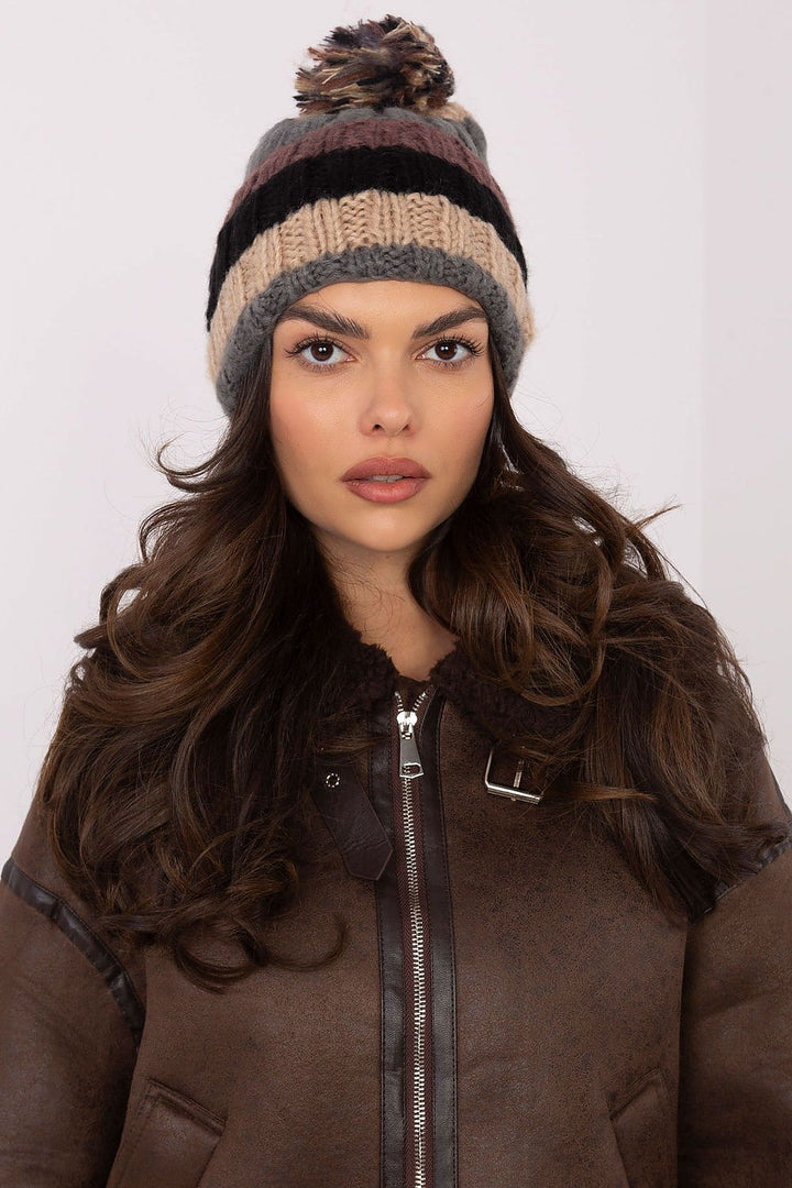 Colorful Striped Winter Beanie with Fluffy Pom-Pom - Ludowika 