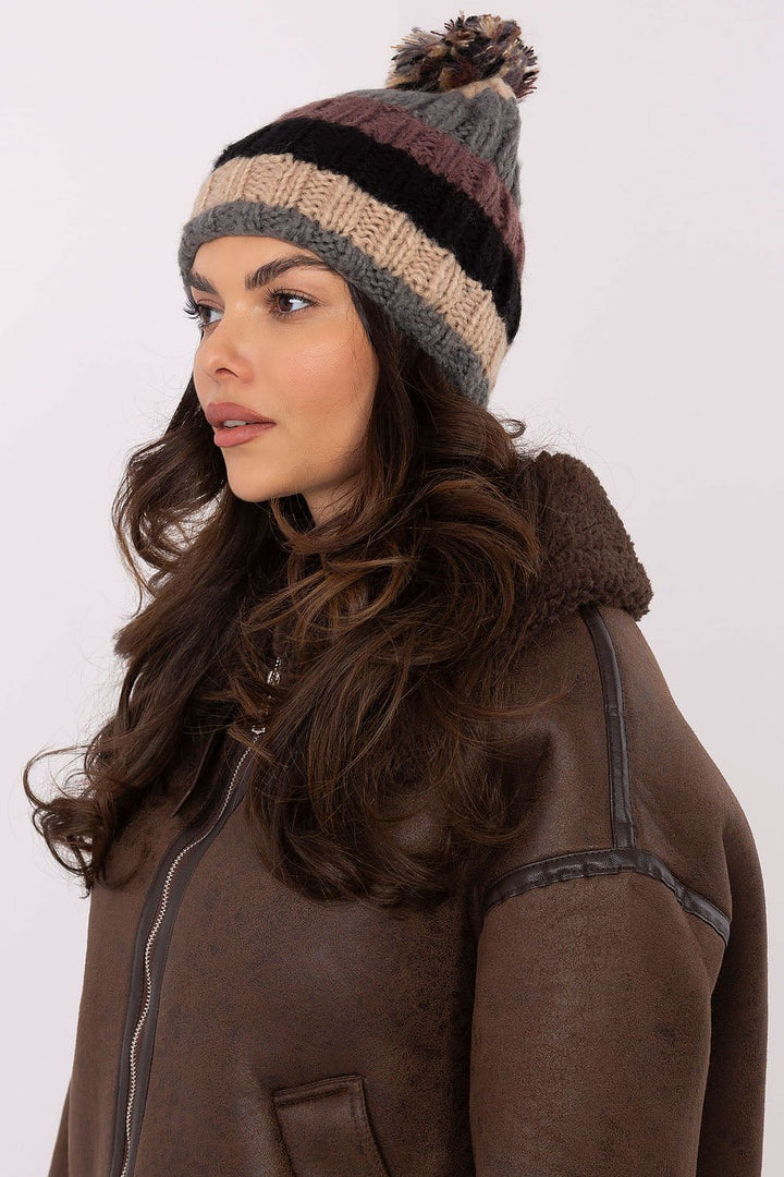 Colorful Striped Winter Beanie with Fluffy Pom-Pom - Ludowika 