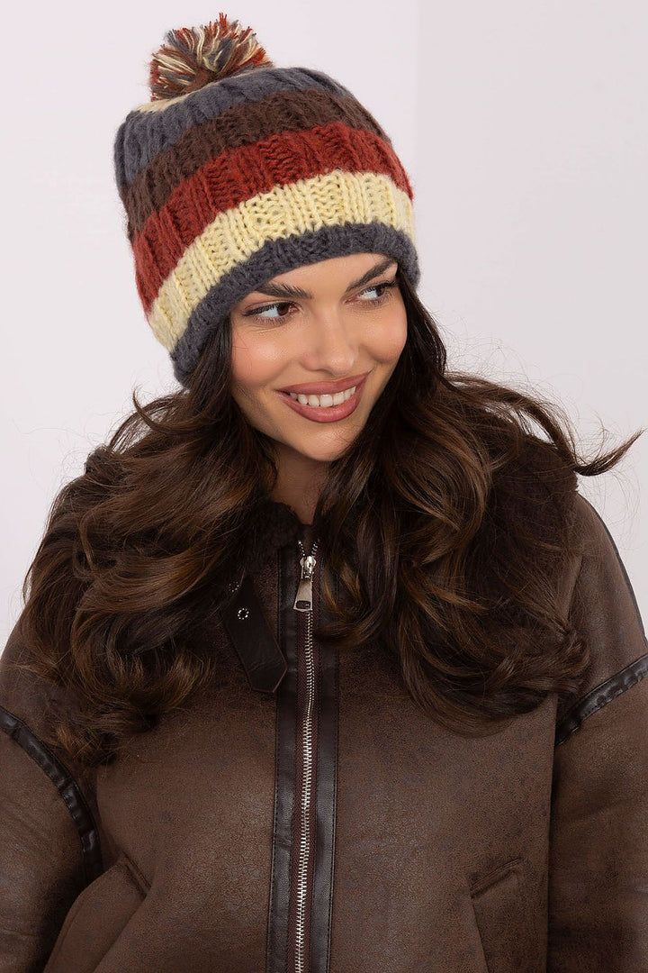 Colorful Striped Winter Beanie with Fluffy Pom-Pom - Ludowika 