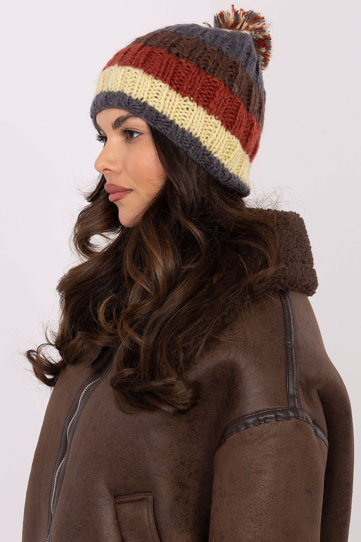 Colorful Striped Winter Beanie with Fluffy Pom-Pom - Ludowika 