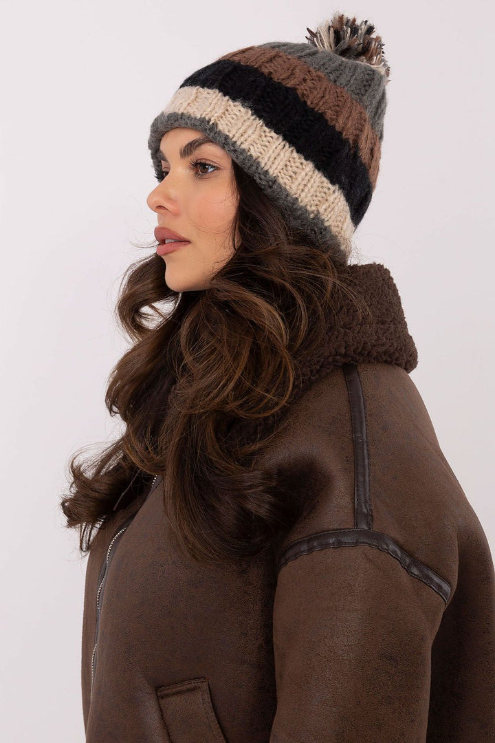 Colorful Striped Winter Beanie with Fluffy Pom-Pom - Ludowika 
