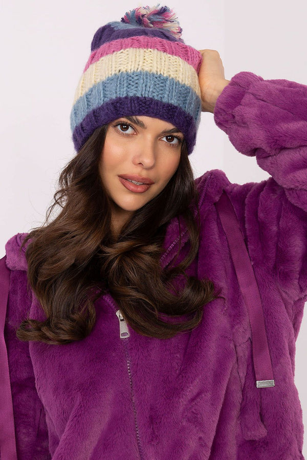 Colorful Striped Winter Beanie with Fluffy Pom-Pom - Ludowika 