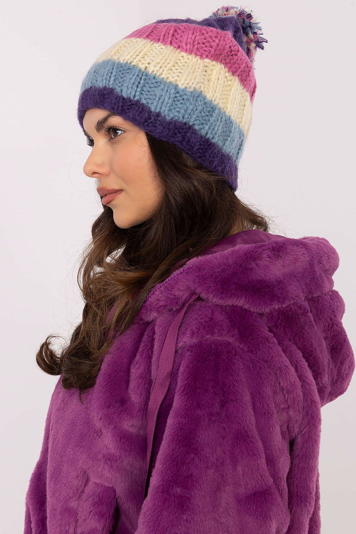Colorful Striped Winter Beanie with Fluffy Pom-Pom - Ludowika 