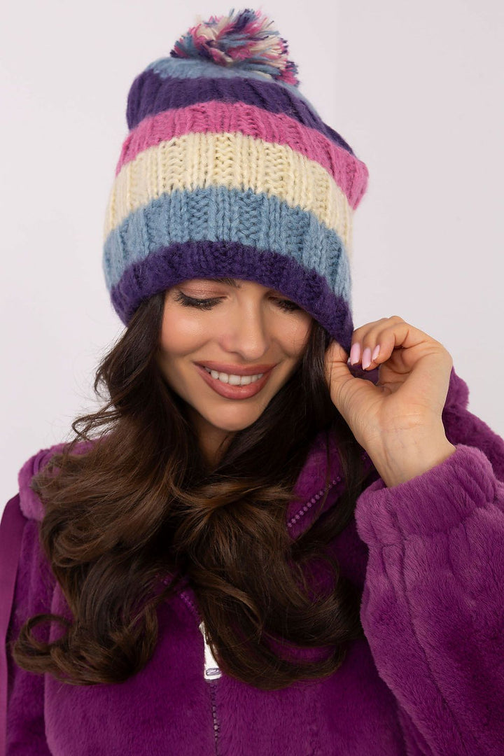 Colorful Striped Winter Beanie with Fluffy Pom-Pom - Ludowika 