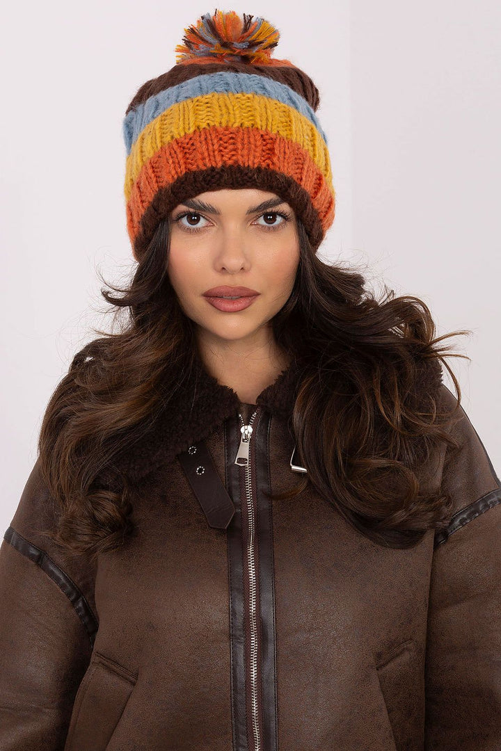 Colorful Striped Winter Beanie with Fluffy Pom-Pom - Ludowika 