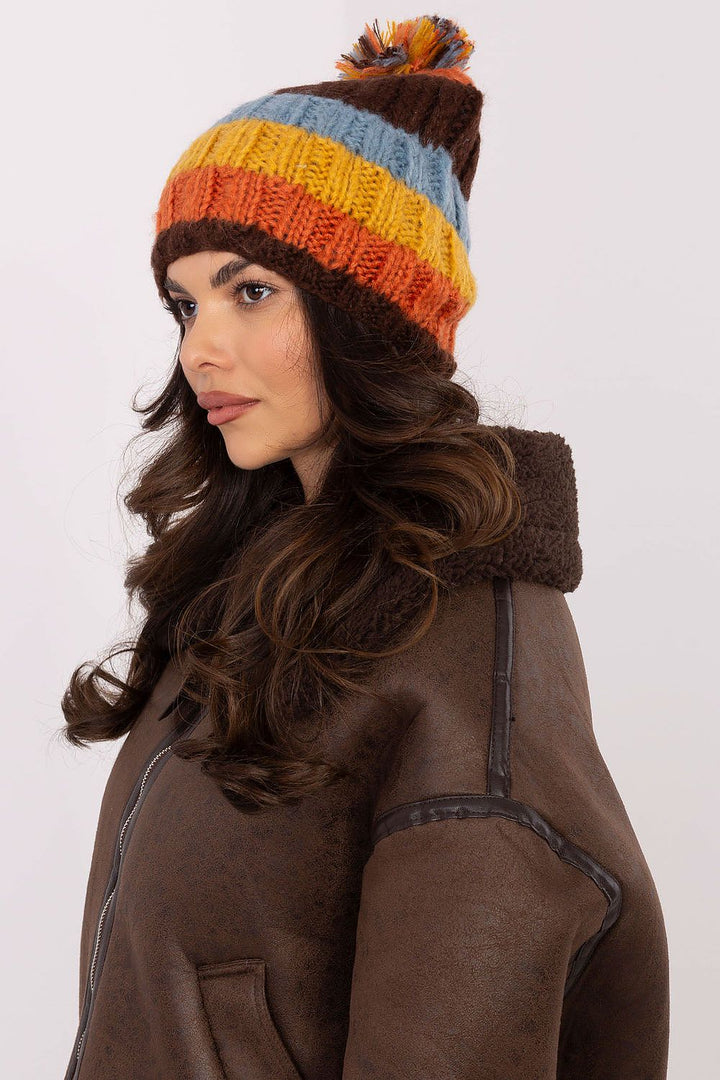 Colorful Striped Winter Beanie with Fluffy Pom-Pom - Ludowika 