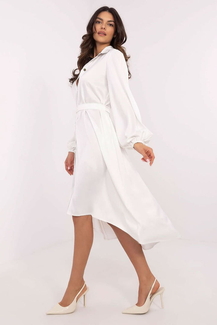 Elegant Asymmetrical Shirt Dress with Tie Belt and Puff Sleeves - Ludowika 