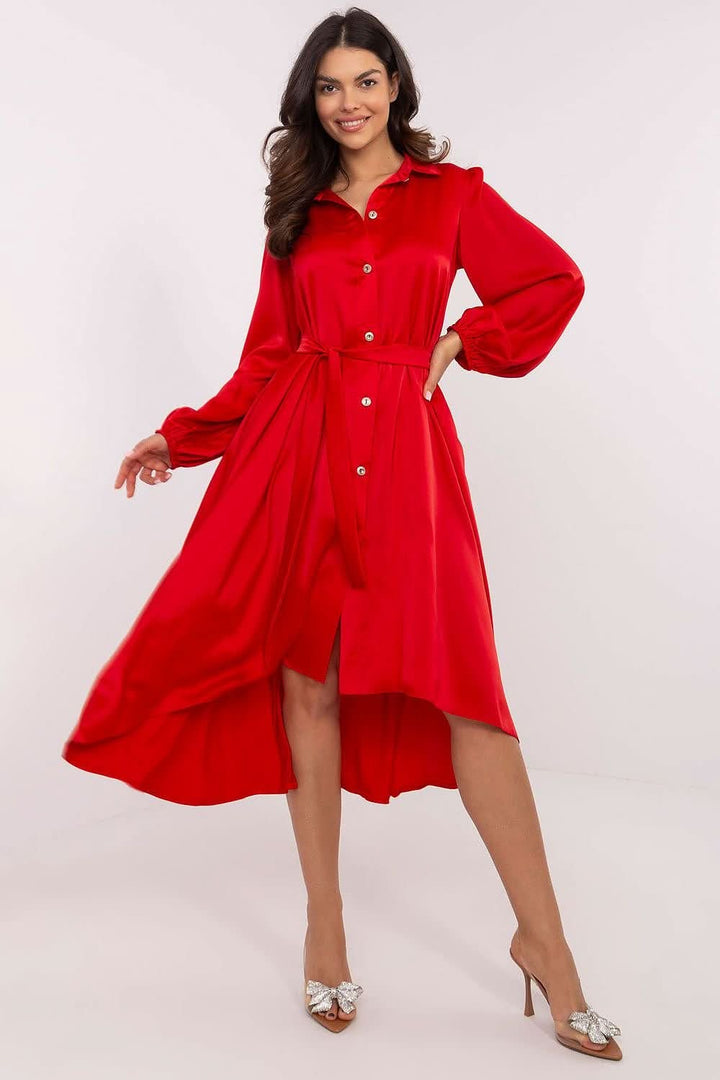 Elegant Asymmetrical Shirt Dress with Tie Belt and Puff Sleeves - Ludowika 