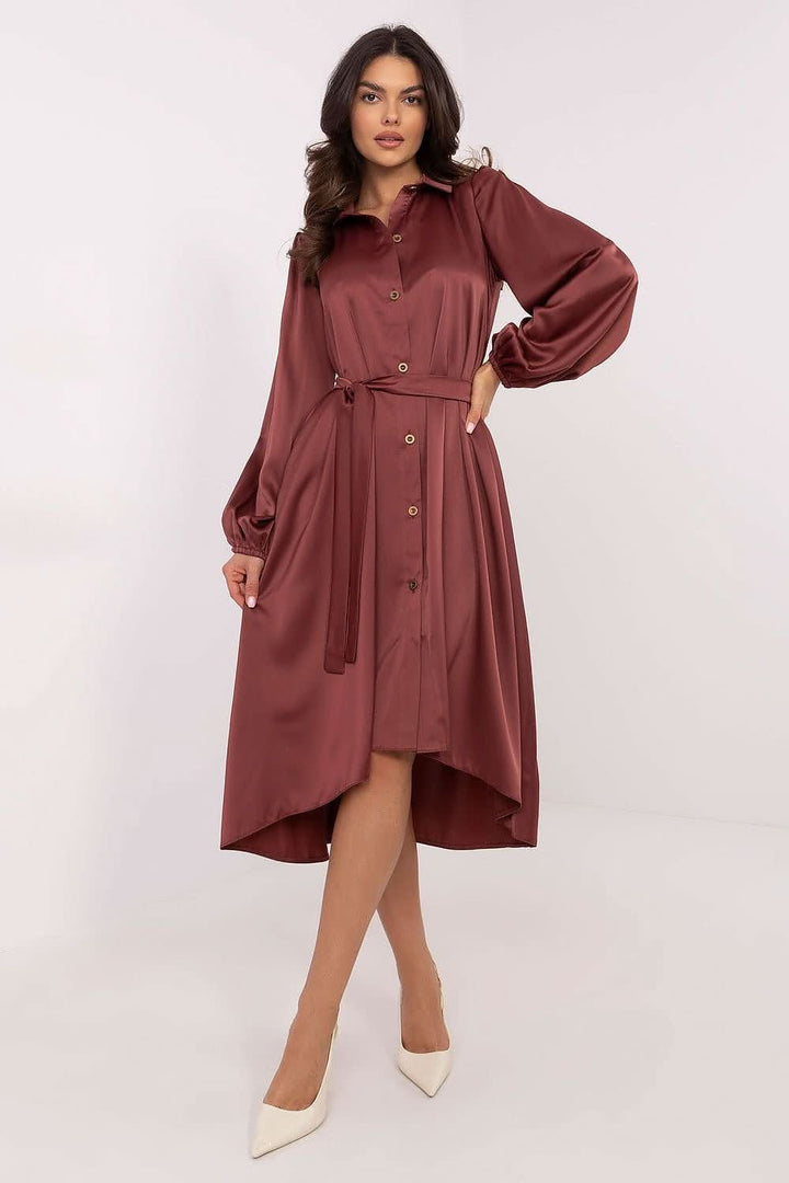 Elegant Asymmetrical Shirt Dress with Tie Belt and Puff Sleeves - Ludowika 