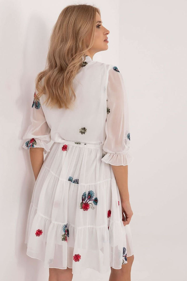 Embroidered Flared Dress with 3/4 Sleeves and Tie Waist - Ludowika 