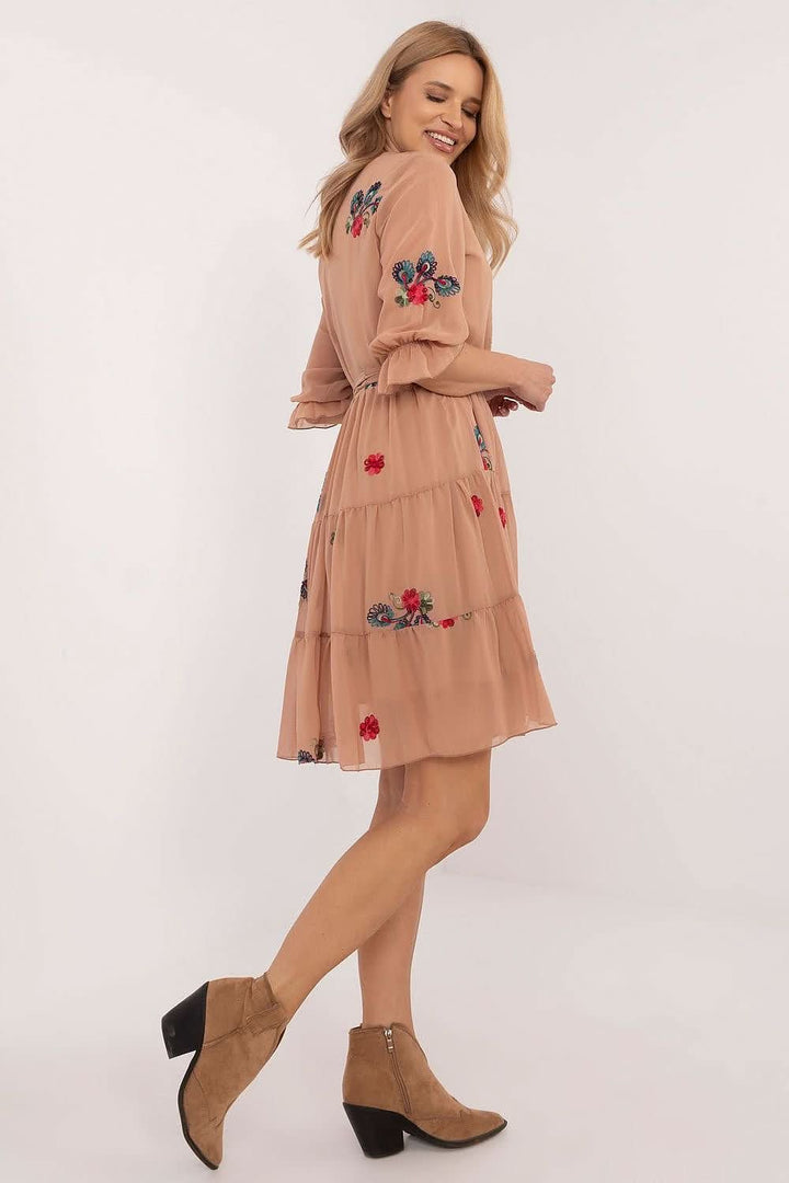 Embroidered Flared Dress with 3/4 Sleeves and Tie Waist - Ludowika 