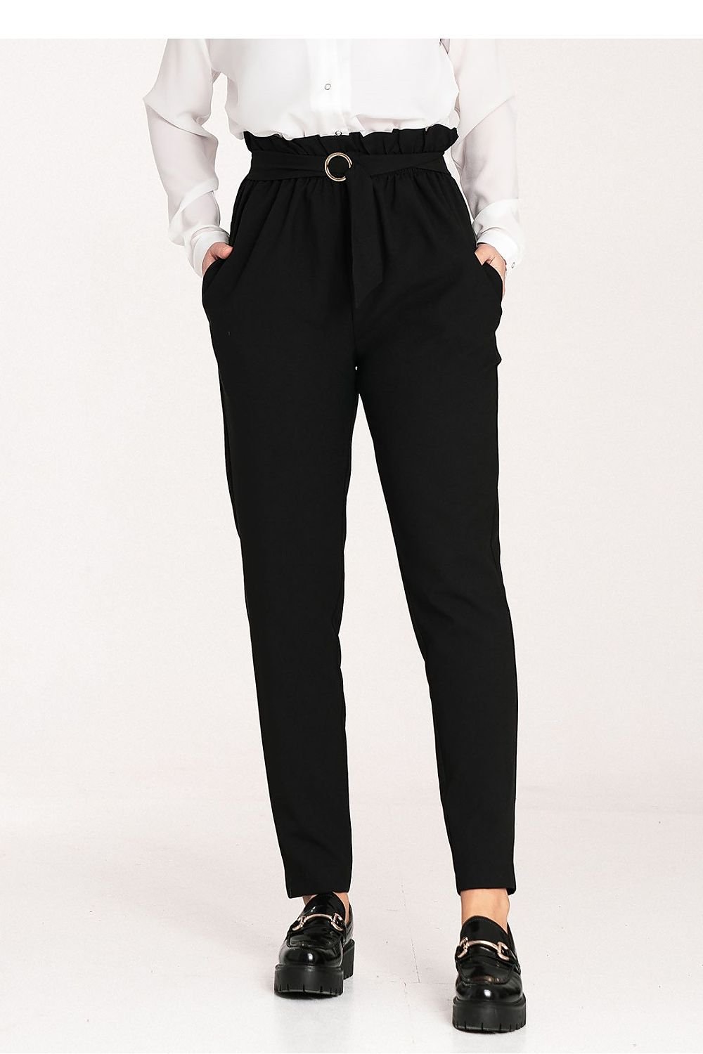 Pleated Waist Long Pants with Elastic Band and Gold Buckle