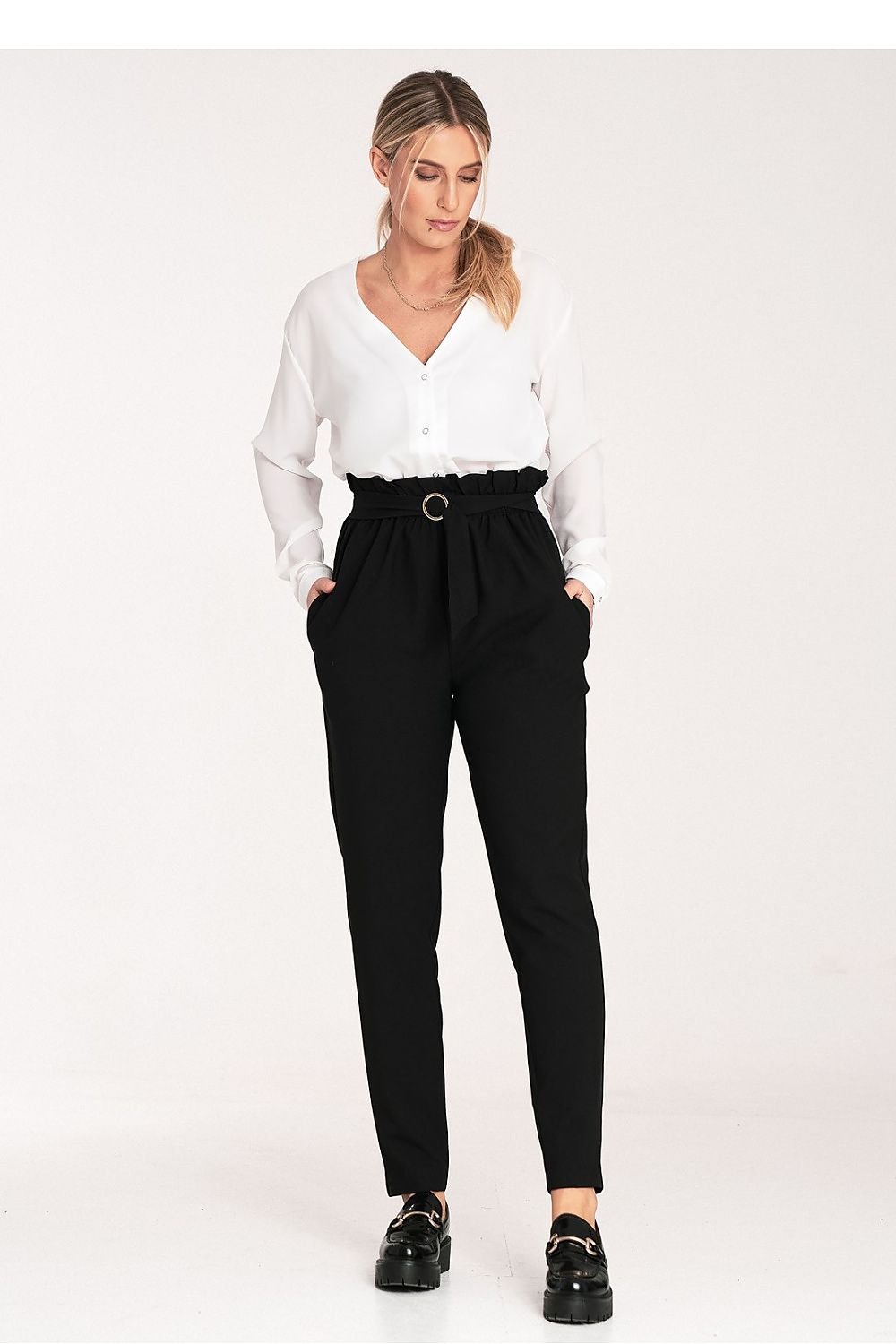 Pleated Waist Long Pants with Elastic Band and Gold Buckle