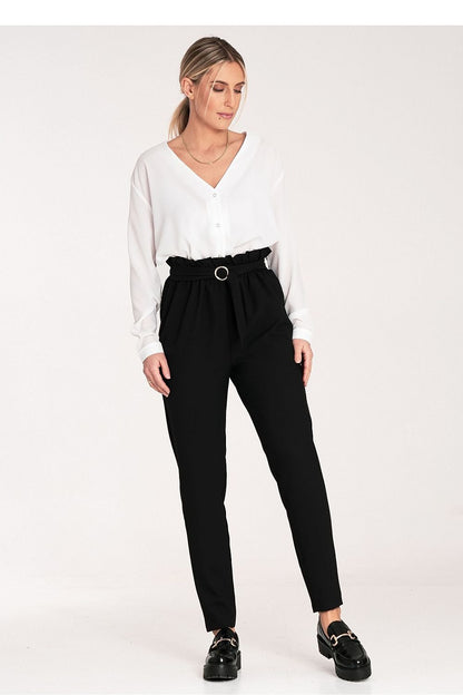 Pleated Waist Long Pants with Elastic Band and Gold Buckle