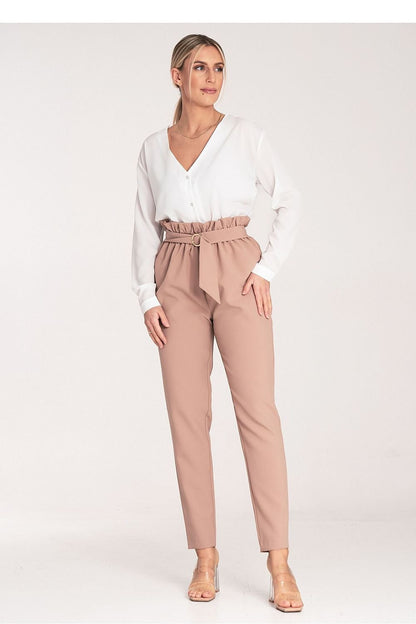 Pleated Waist Long Pants with Elastic Band and Gold Buckle