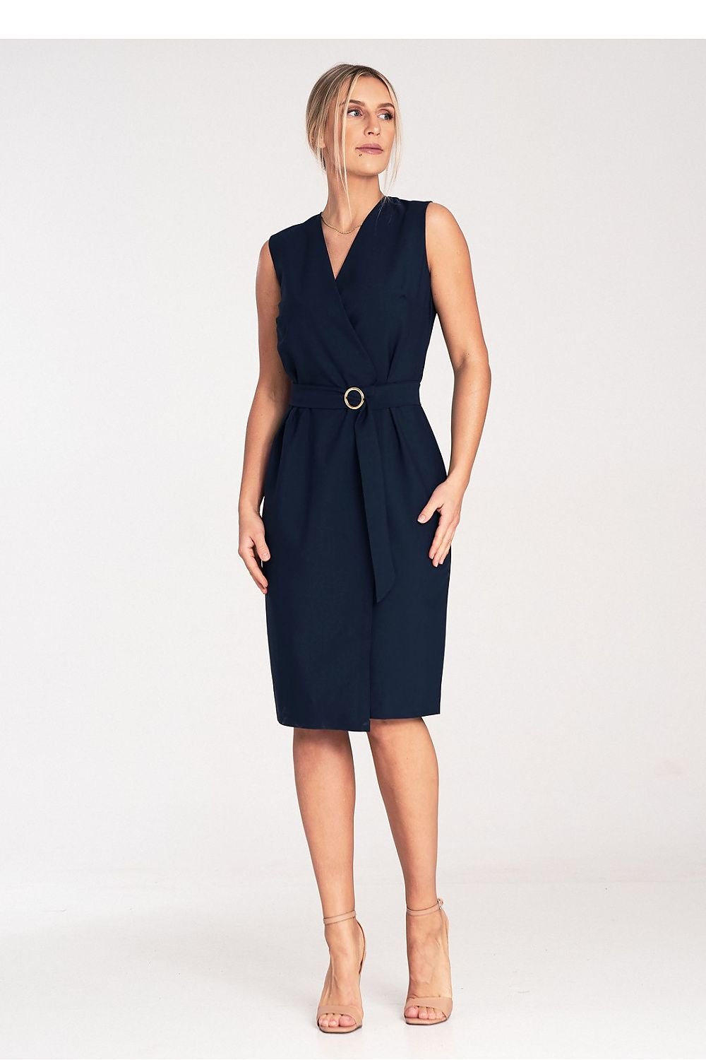 A sleeveless midi pencil dress featuring a wrap neckline, no pockets or lining, and a belt with a decorative golden metal buckle for a sleek and elegant look.


