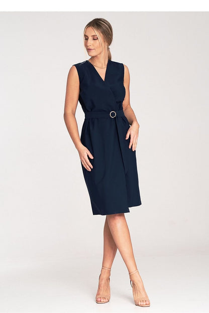 A sleeveless midi pencil dress featuring a wrap neckline, no pockets or lining, and a belt with a decorative golden metal buckle for a sleek and elegant look.


