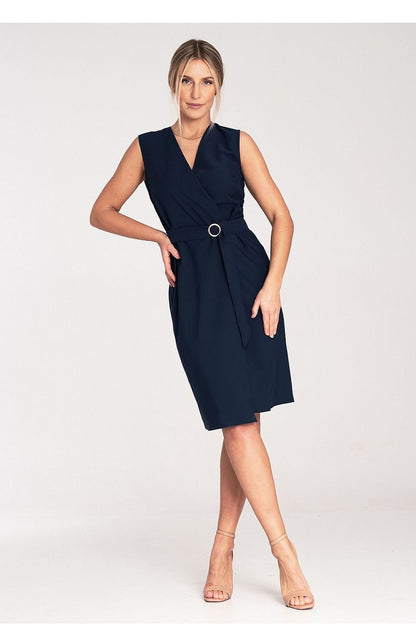 A sleeveless midi pencil dress featuring a wrap neckline, no pockets or lining, and a belt with a decorative golden metal buckle for a sleek and elegant look.


