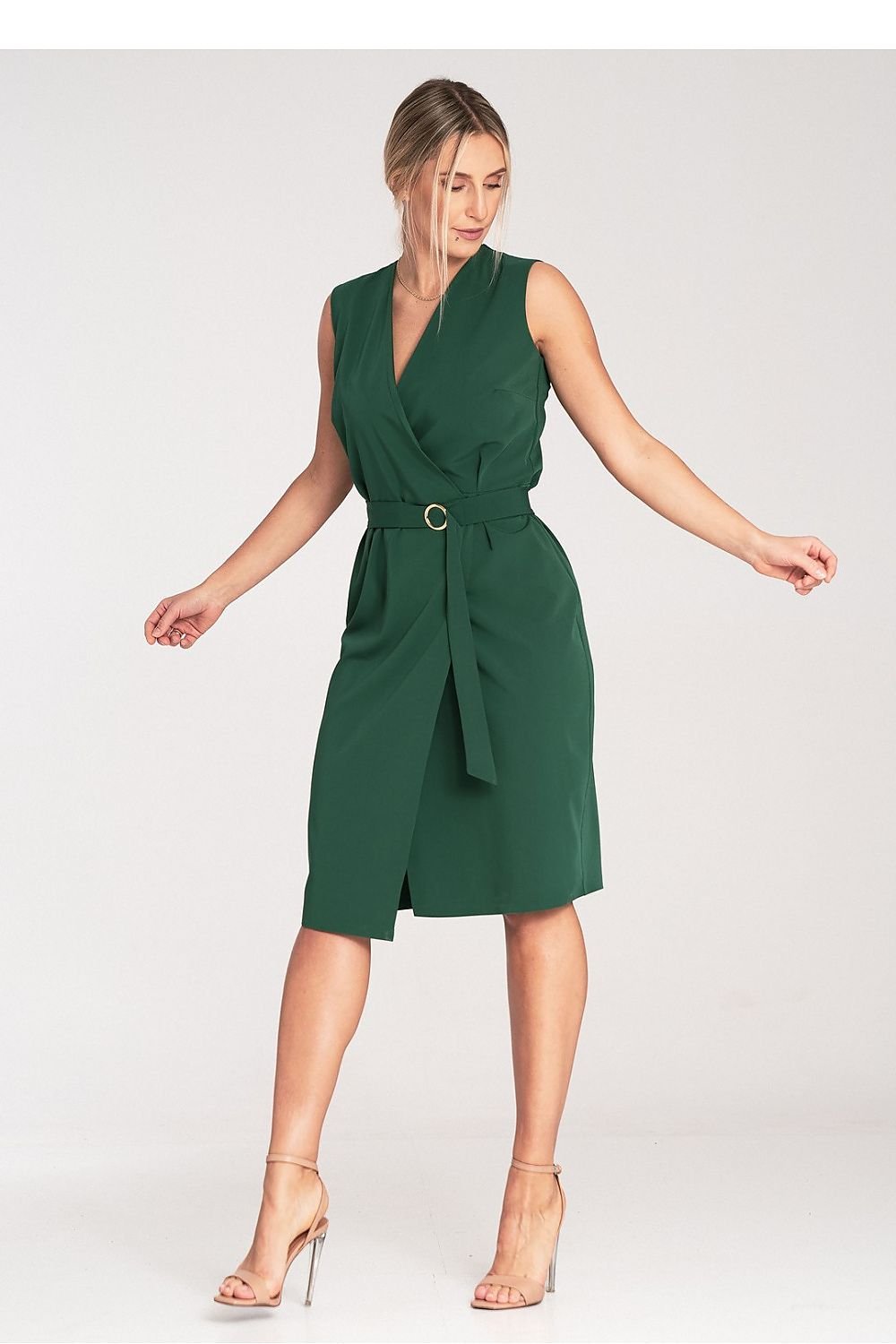 A sleeveless midi pencil dress featuring a wrap neckline, no pockets or lining, and a belt with a decorative golden metal buckle for a sleek and elegant look.


