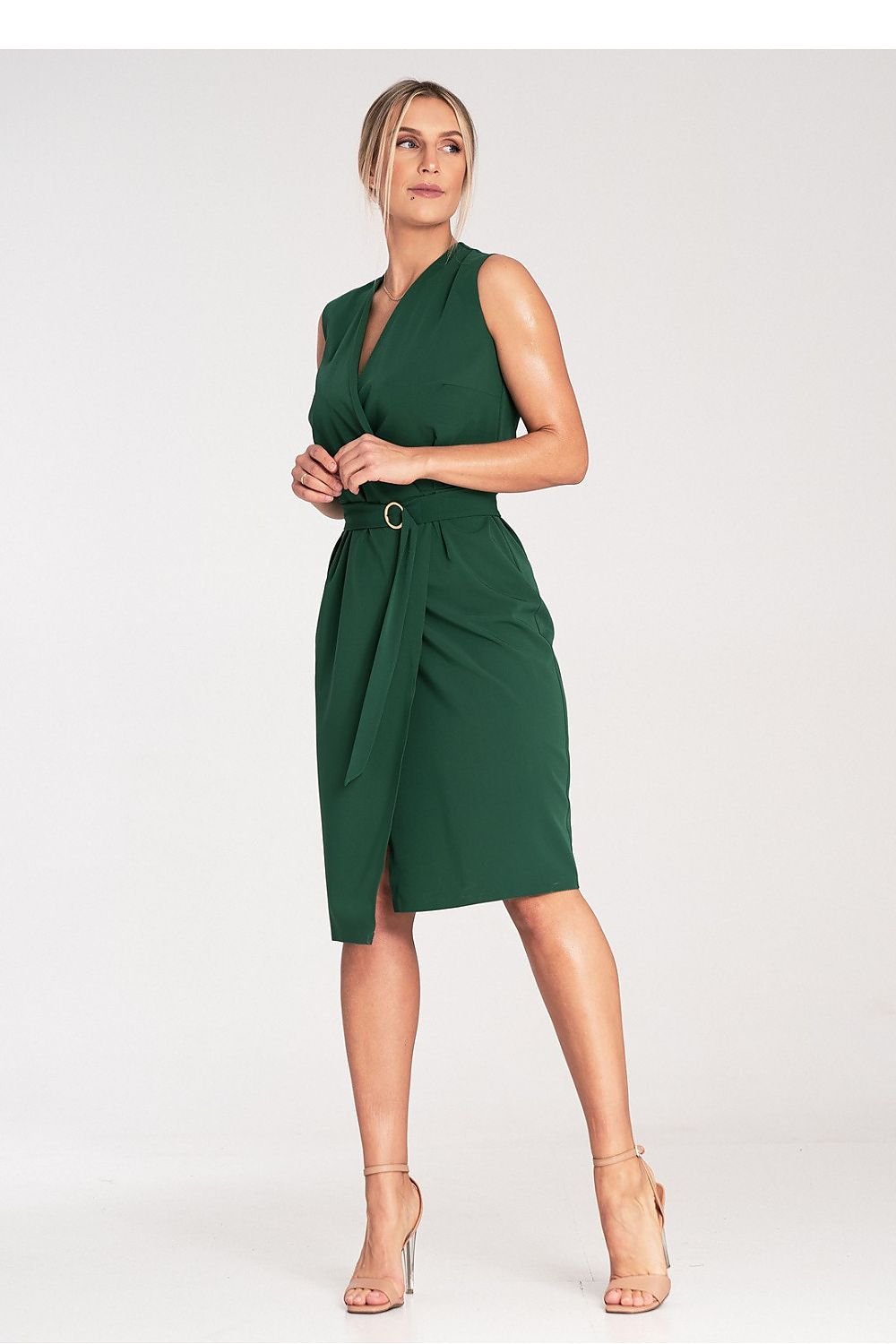 A sleeveless midi pencil dress featuring a wrap neckline, no pockets or lining, and a belt with a decorative golden metal buckle for a sleek and elegant look.


