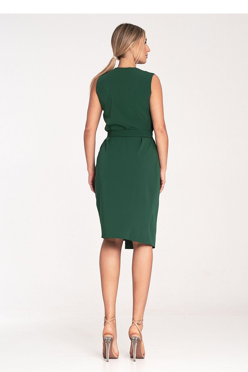 A sleeveless midi pencil dress featuring a wrap neckline, no pockets or lining, and a belt with a decorative golden metal buckle for a sleek and elegant look.


