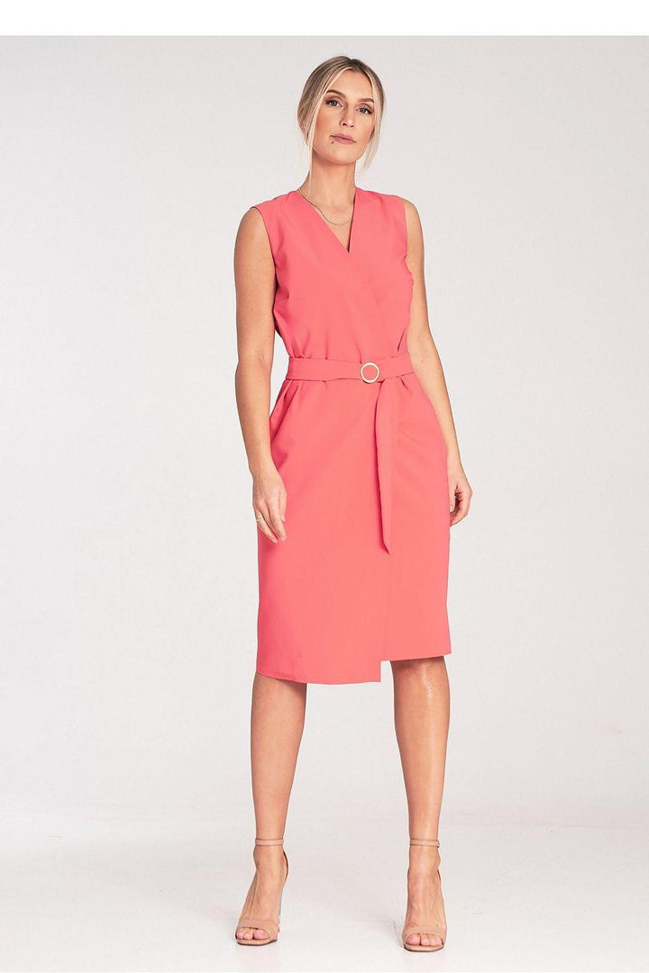 A sleeveless midi pencil dress featuring a wrap neckline, no pockets or lining, and a belt with a decorative golden metal buckle for a sleek and elegant look.