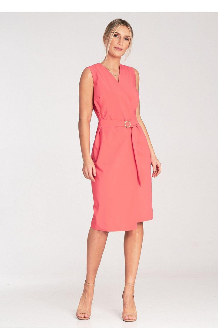 A sleeveless midi pencil dress featuring a wrap neckline, no pockets or lining, and a belt with a decorative golden metal buckle for a sleek and elegant look.