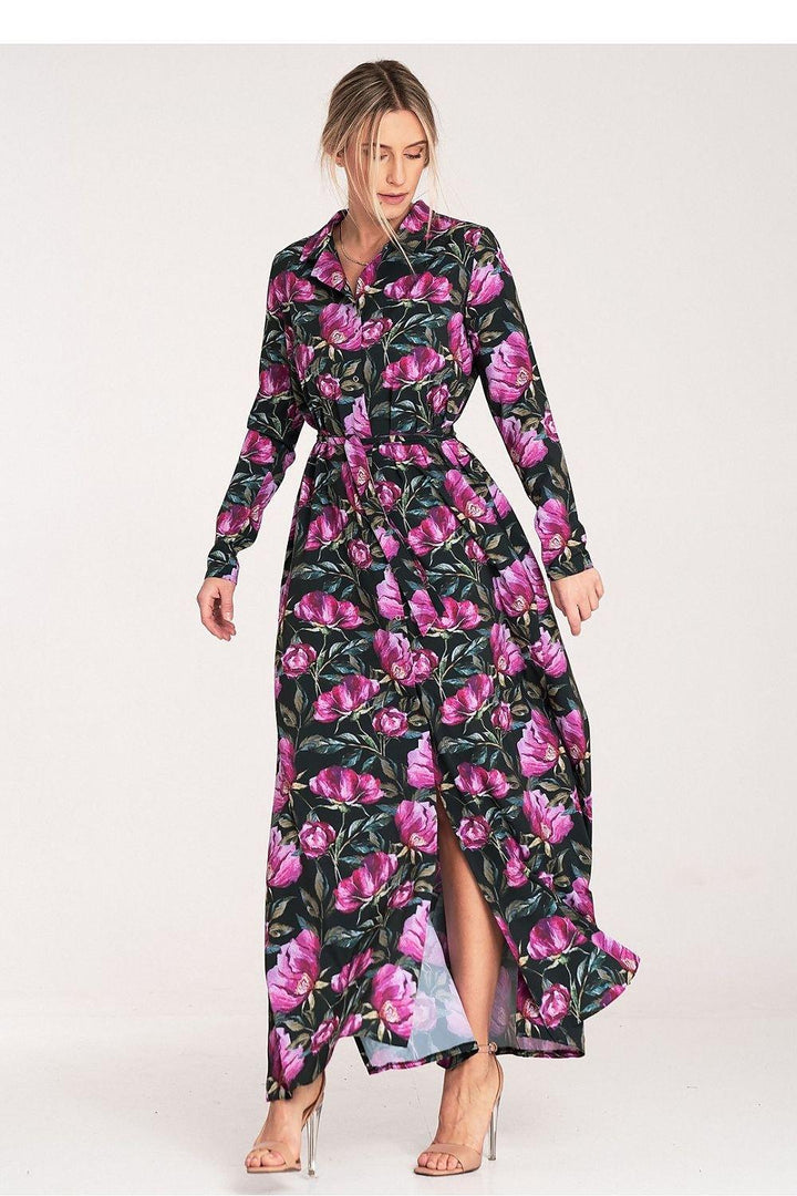 Floral Button-Up Maxi Dress with Collar and Long Sleeves - Ludowika 
