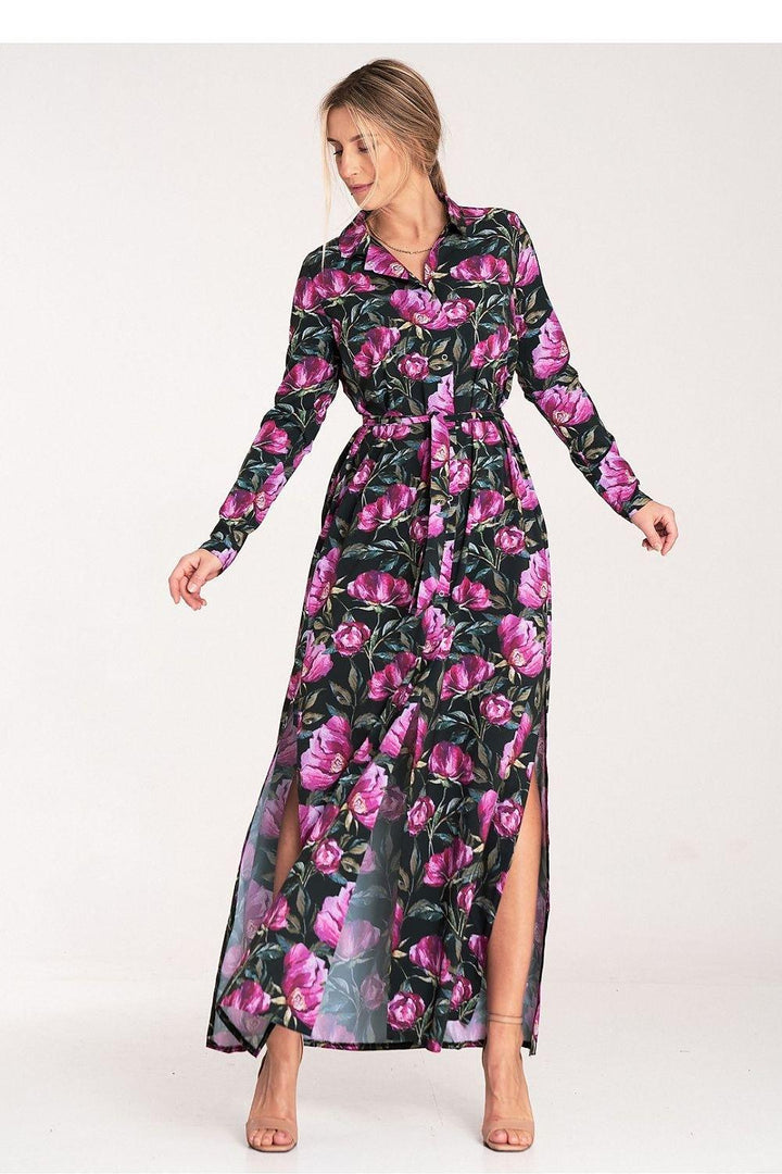 Floral Button-Up Maxi Dress with Collar and Long Sleeves - Ludowika 