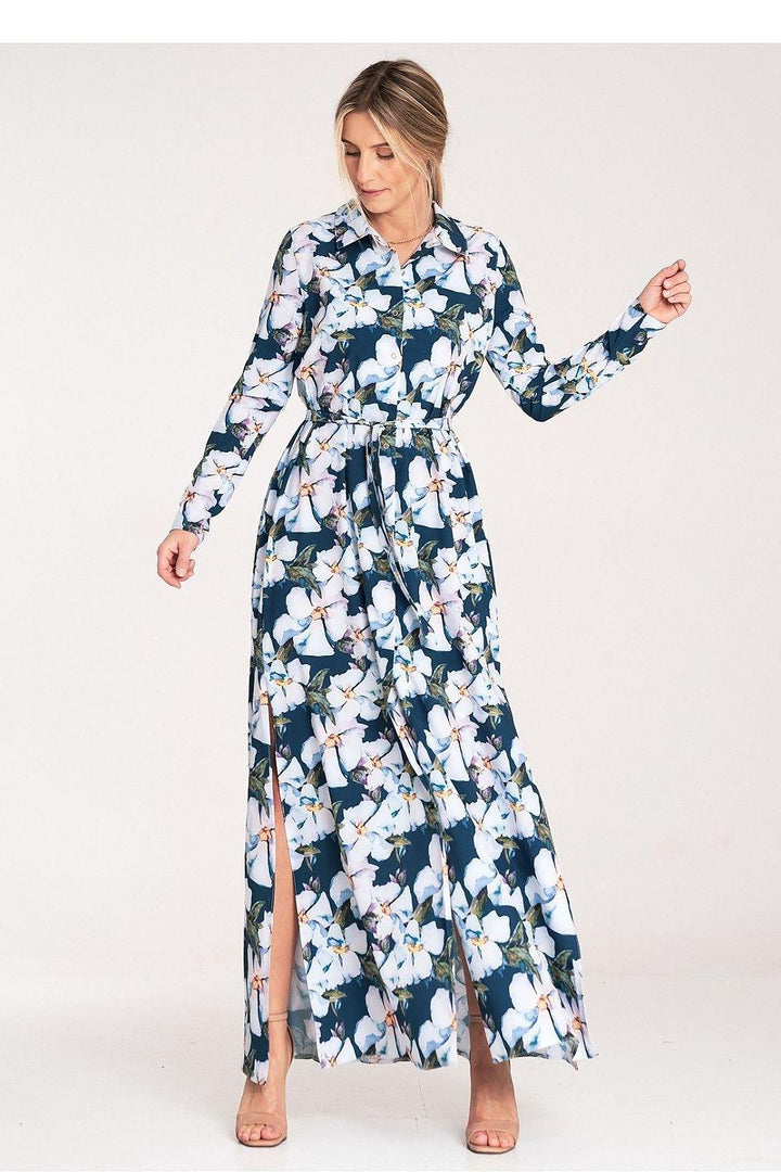 Floral Button-Up Maxi Dress with Collar and Long Sleeves - Ludowika 