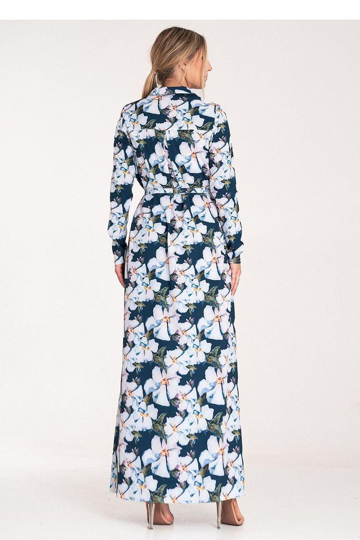 Floral Button-Up Maxi Dress with Collar and Long Sleeves - Ludowika 