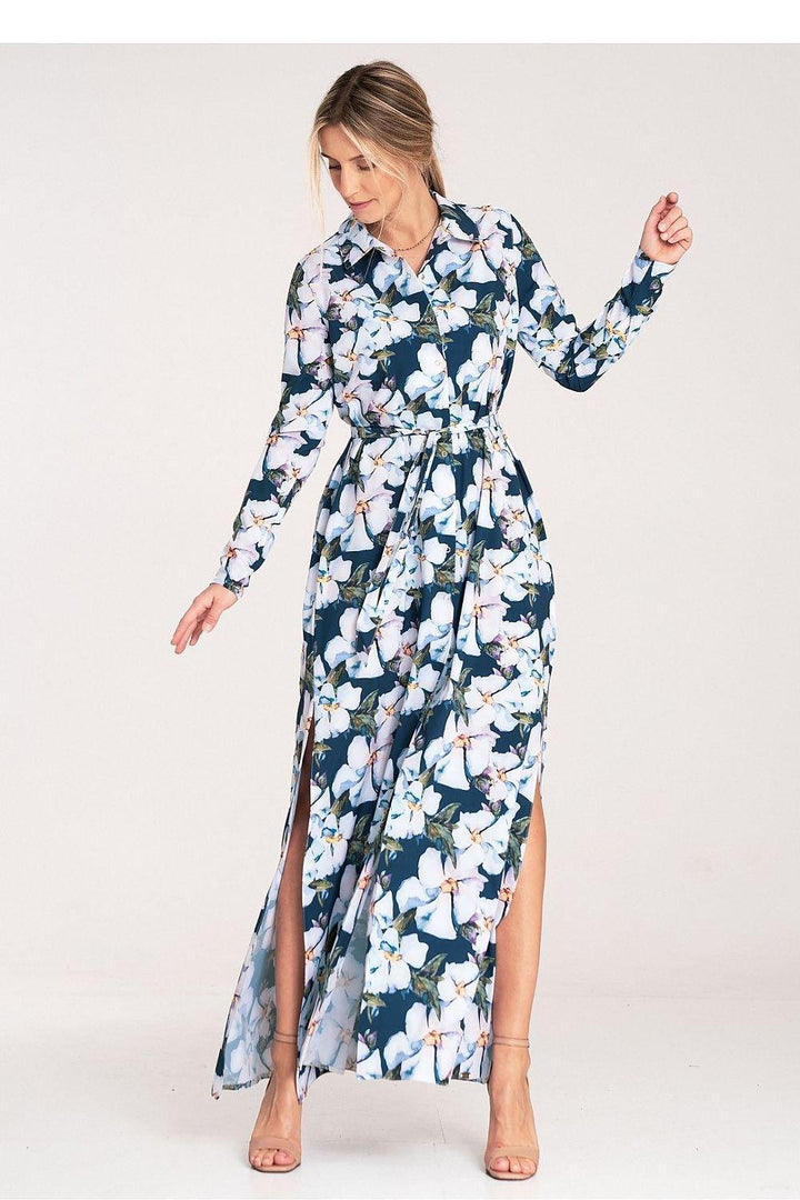 Floral Button-Up Maxi Dress with Collar and Long Sleeves - Ludowika 