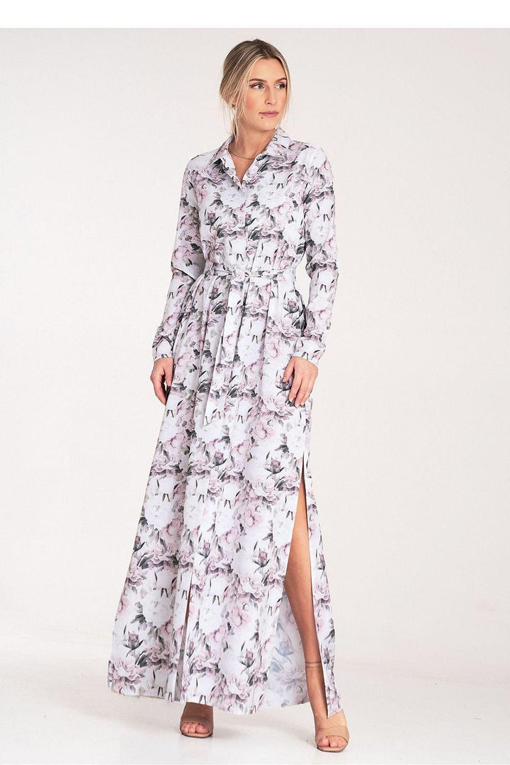 Floral Button-Up Maxi Dress with Collar and Long Sleeves - Ludowika 
