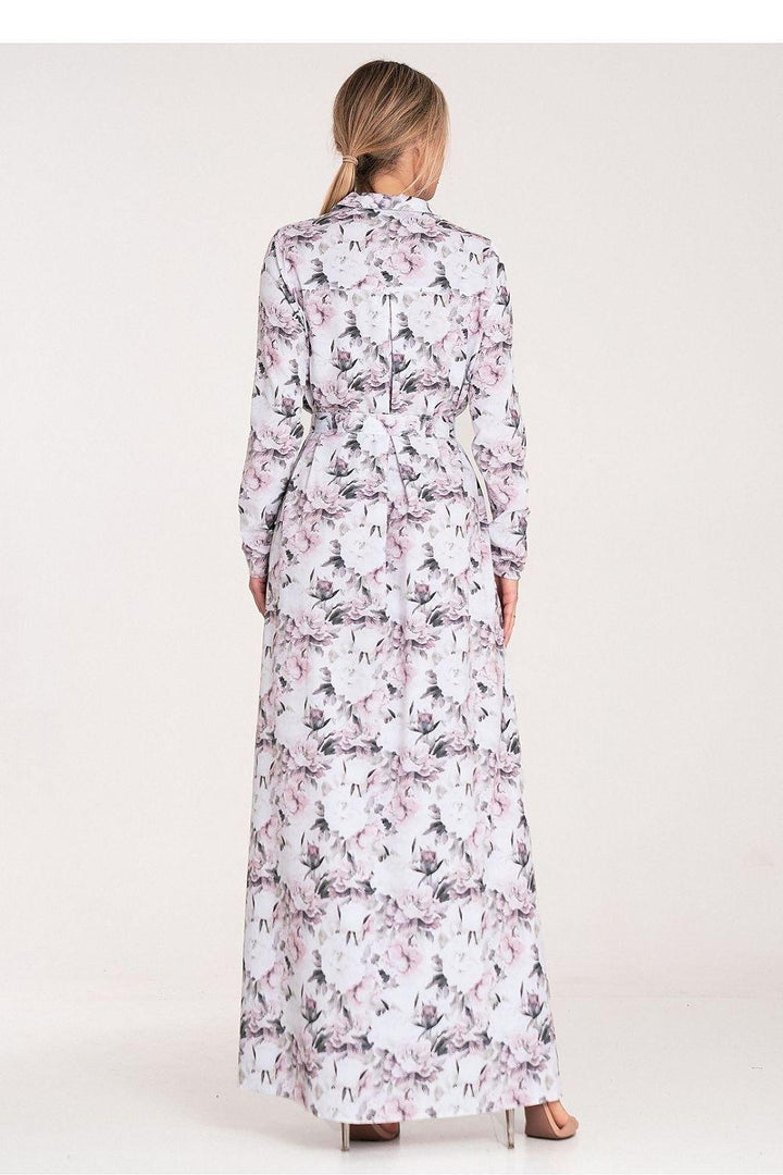 Floral Button-Up Maxi Dress with Collar and Long Sleeves - Ludowika 