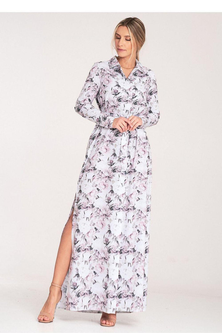 Floral Button-Up Maxi Dress with Collar and Long Sleeves - Ludowika 
