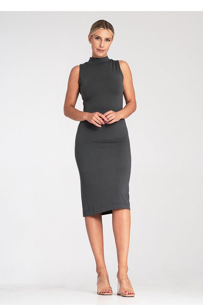 Fitted Sleeveless Midi Dress with Stand-Up Collar and Back Zipper