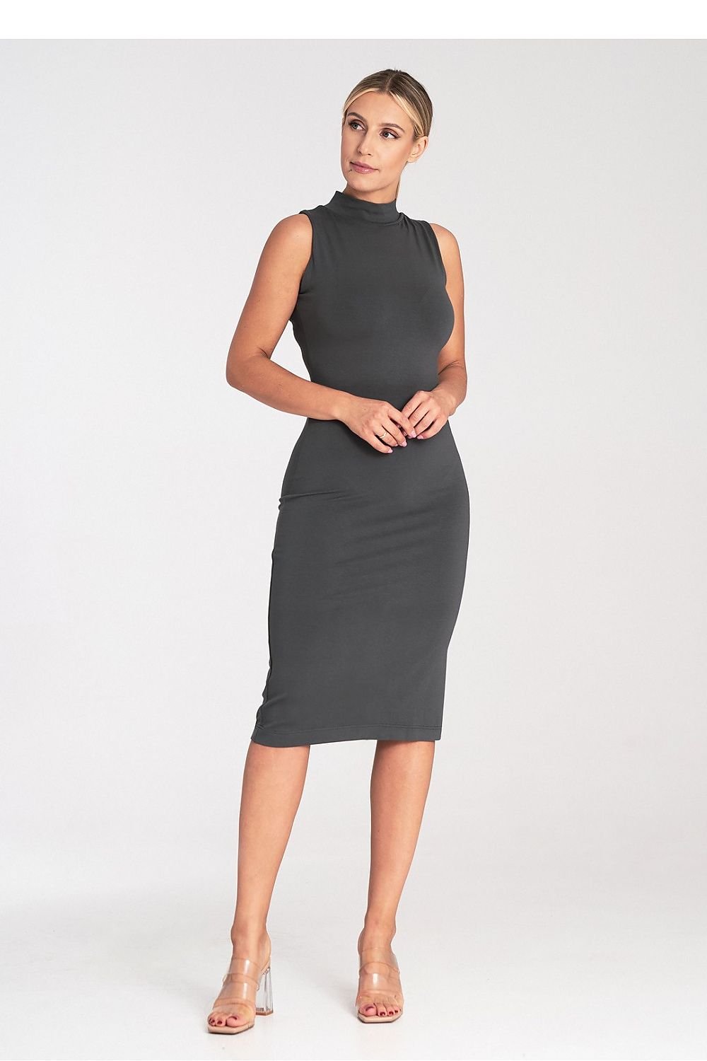 Fitted Sleeveless Midi Dress with Stand-Up Collar and Back Zipper