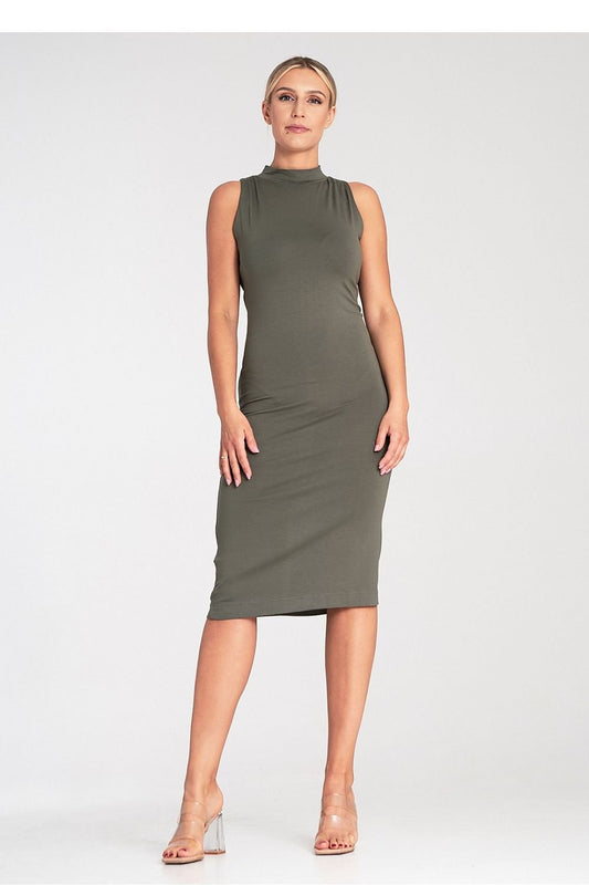 A fitted sleeveless midi dress featuring a stand-up collar, fastened at the back with a covered zipper for a sleek and elegant look.






