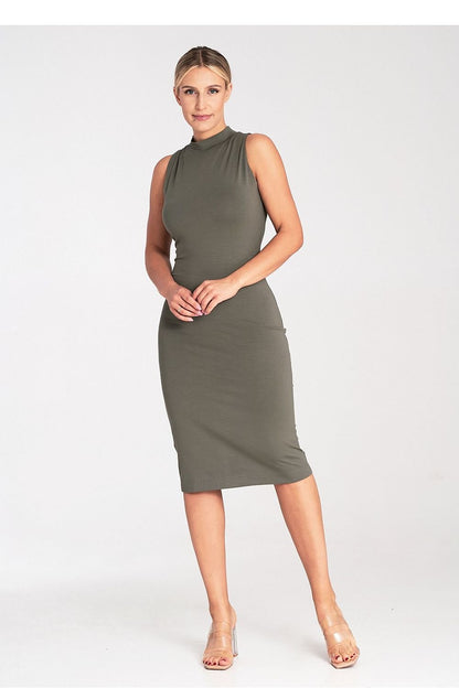 Fitted Sleeveless Midi Dress with Stand-Up Collar and Back Zipper