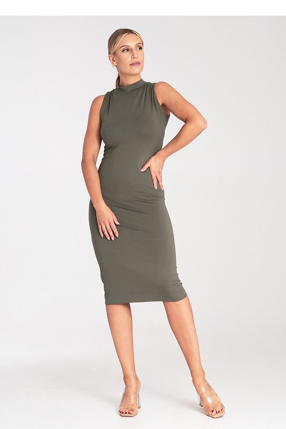 Fitted Sleeveless Midi Dress with Stand-Up Collar and Back Zipper