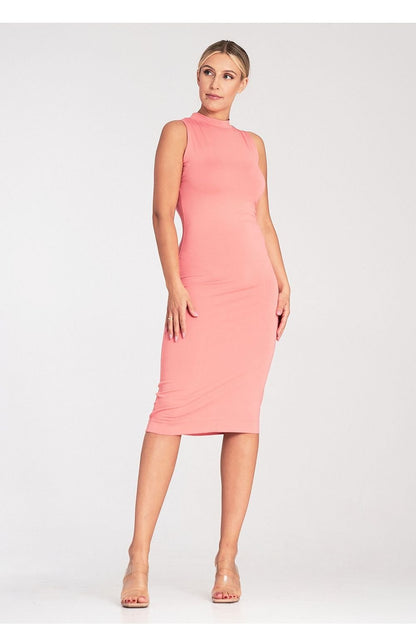 Fitted Sleeveless Midi Dress with Stand-Up Collar and Back Zipper