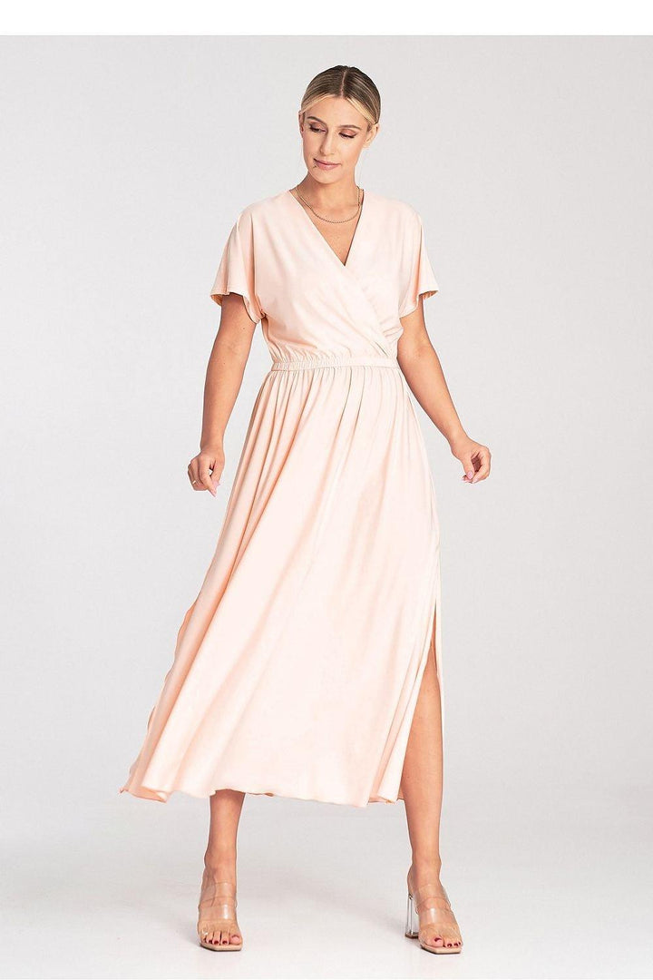 Overlapping Neckline Dress with Elastic Waist and Side Slits - Ludowika 